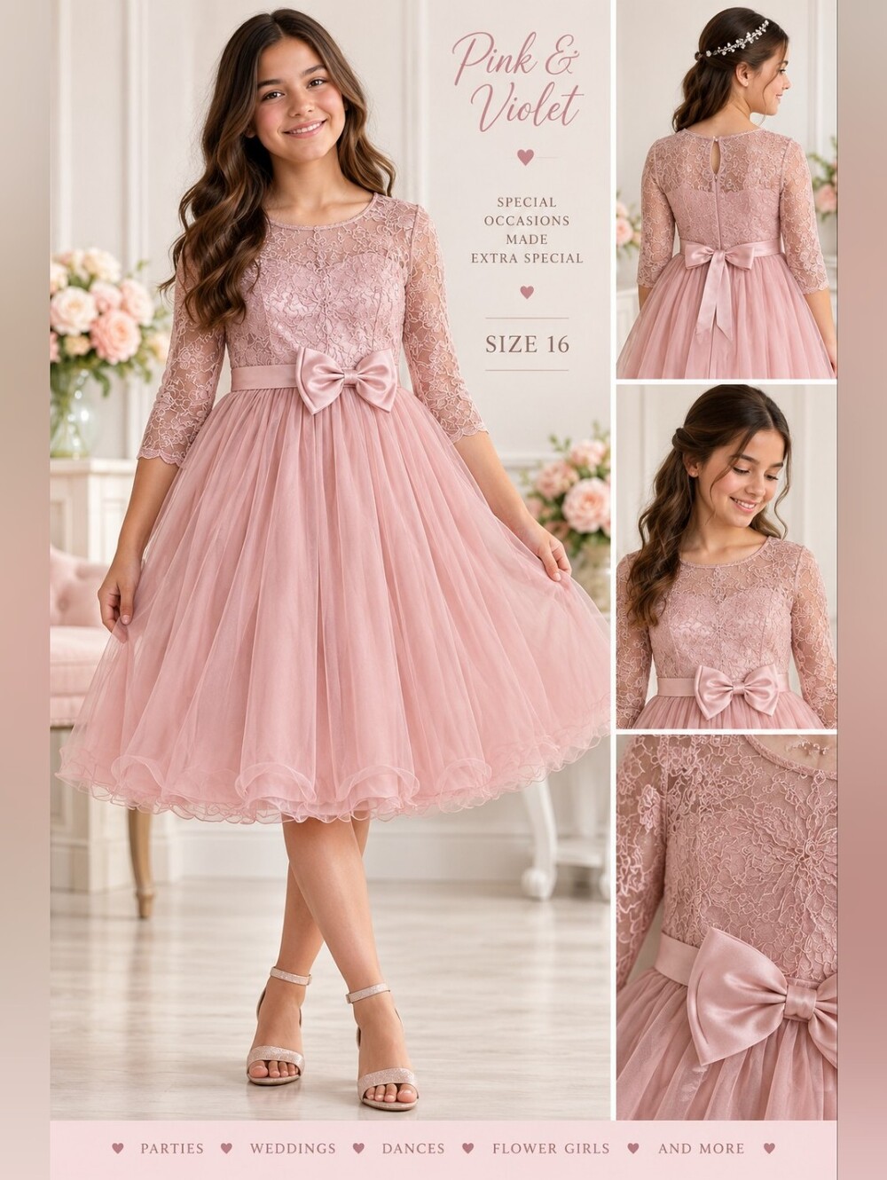 NWT Formal Bonnie Jean Girls 16 Blush Pink Lace Sequin Tulle Formal Dress